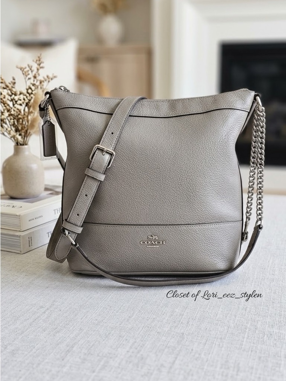 Coach Pebbled Leather Shoulder Bag — Gray